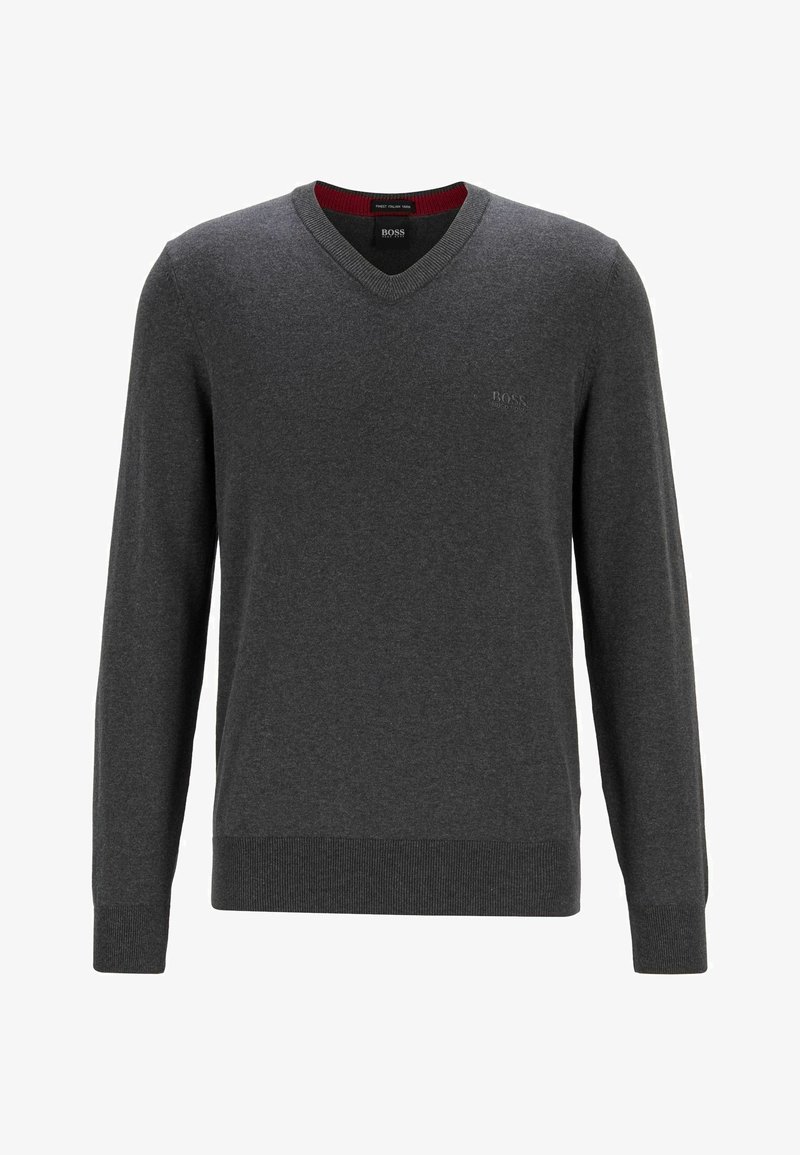 Grauer V-Ausschnitt-Pullover aus weichem Strickstoff. Mit langen Ärmeln, gerippten Bündchen und Saum sowie dezentem Branding auf der Brust.