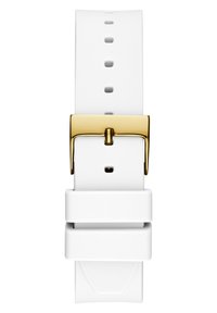 Weißes Silikon-Armbanduhrband mit goldfarbener Metallschnalle. Verfügt über mehrere Löcher zur Anpassung, eine glatte Oberfläche und ein rechteckiges Ende.