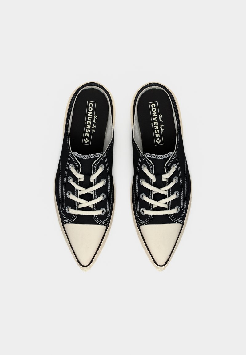 Scarpe da ginnastica Converse nere senza lacci con lacci bianchi e punte in gomma appuntite, viste dall'alto su uno sfondo bianco.