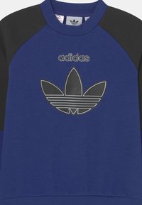 Felpa blu con maniche raglan nere, con un grande logo Adidas trefoil bianco e nero sulla parte anteriore. Tessuto liscio, scollo rotondo.