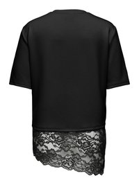 Black short-sleeve top with a straight cut and a wide lace hem featuring floral patterns extending below the fabric edge.