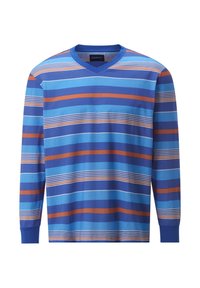 Long-sleeve V-neck t-shirt made of soft fabric, featuring horizontal stripes in blue, light blue, white, and orange. Accented sleeves in blue.