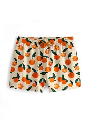 Herren-Badehose in hellem Beige mit einem orange-grünen Zitrusdruck. Verfügt über einen elastischen Bund mit gebundenem Kordelzug.