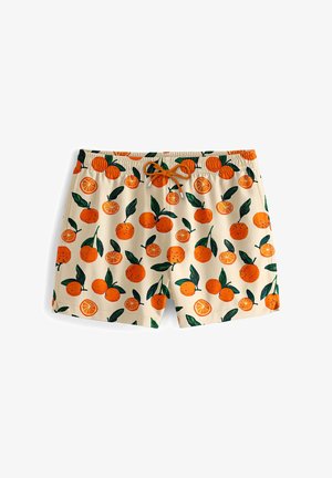 Mannelijke zwemshorts in lichtbeige met een oranje en groene citrusprint. Voorzien van een elastische tailleband met een strikceintuur.