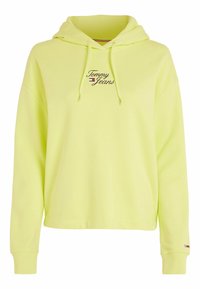 Neon gul hoodie med dragsko i huvan. Har broderad "Tommy Jeans"-logotyp och en liten ikonisk flaggdetalj på ärmen. Mjuk tyg.
