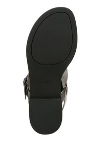 Black rubber sandal sole with a textured surface, featuring a rounded toe shape and an embossed logo on the side. Designed for comfort.