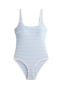 Maillot de bain une pièce rayé bleu clair et blanc avec encolure dégagée et découpes hautes aux jambes.