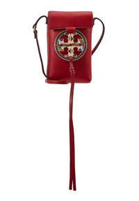 Rød læder crossover taske med en rund, udsmykket detalje med farverige geometriske mønstre. Justerbar strop og dekorativ kvast detalje.