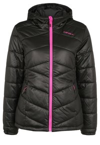 Černá nadýchaná bunda s kapucí, zdobená vzorem ve tvaru šipky, růžovým zipem a kapsami. Vyrobena z hladkého, izolačního materiálu.