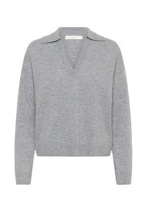 Light grey knit sweater with a V-neckline and a relaxed fit. Features a classic collar, long sleeves, and ribbed cuffs and hem.