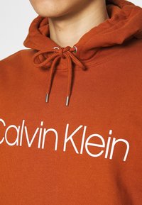 Hoodie arancione ruggine con logo bianco "Calvin Klein", cappuccio regolabile con coulisse e dettagli metallici alle estremità della coulisse. Tessuto morbido.