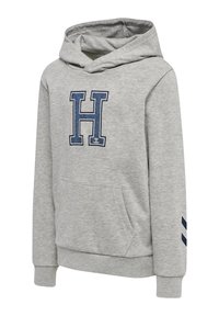 Sudadera gris hecha de una mezcla de algodón con un gran logo azul de la 'H' en el frente, bolsillo tipo canguro y acentos en azul marino en las mangas.