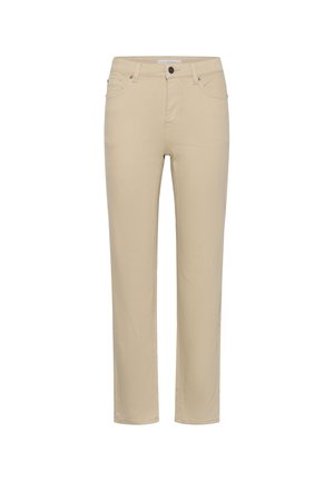 Pantalon beige à jambes droites avec bouton et fermeture éclair à l'avant, poches avant et arrière, et passants pour ceinture.