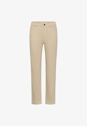 Beige broek met rechte pijpen, voorzien van een knoop- en ritssluiting aan de voorkant, voor- en achterzakken, en riemlussen.