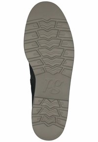 Suela de zapatilla deportiva negra con un patrón de goma texturizada en gris, que presenta diseños de zigzagueo y ondas para tracción y agarre. Impresión del logo presente.