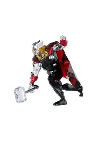 Cristallfigur av Thor med röda och svarta detaljer, metalliska inslag och en genomskinlig hammare, poserad i en dynamisk aktionställning.