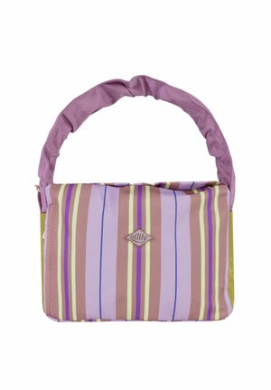 Petit sac à main avec poignée matelassée, présentant des rayures verticales en rose, jaune, violet et marron, avec un logo "oilily" en forme de diamant.