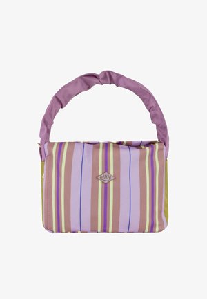 Petit sac à main avec poignée matelassée, présentant des rayures verticales en rose, jaune, violet et marron, avec un logo "oilily" en forme de diamant.