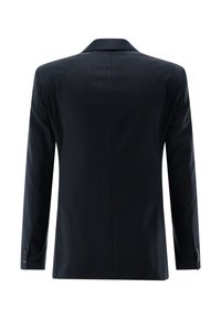 Dark navy blazer with a smooth fabric, structured shape, and single vent. Features a narrow lapel and four-button cuff accents.