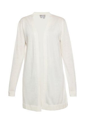 Lichtgewicht, langarm cardigan in crème, met een open voorkant, geribde manchetten en een soepele textuur, ideaal voor het lagen-over-laag dragen.