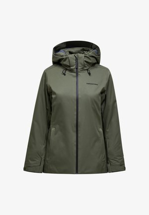 Olijfgroene geïsoleerde jas met een verstelbare capuchon, ritssluiting aan de voorkant, ritszakken aan de zijkanten en het Peak Performance-logo op de borst.