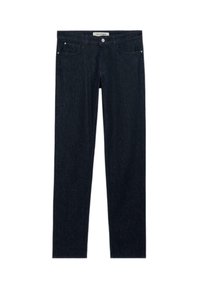 Jeans de mezclilla azul oscuro con un ajuste slim, diseño de cinco bolsillos y cierre de botón metálico. Presenta costuras sutiles y mínimos acentos de hardware.
