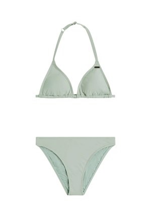Svetlo zelena bikini kompletka z trikotnim zgornjim delom z nastavljivimi naramnicami in ujemajočim spodnjim delom z elastičnim trakom in minimalnim pokrivanjem.