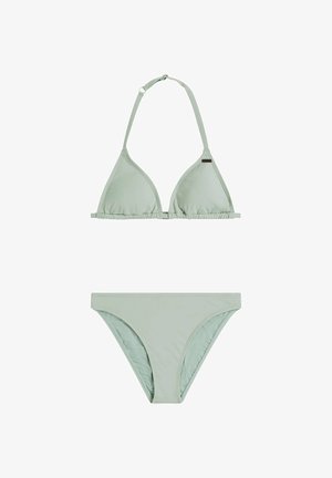Lichtgroen bikiniset met een driehoekige top met verstelbare bandjes en een bijpassende slip met elastische rand en minimale bedekking.