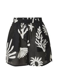Shorts noirs avec un motif floral abstrait blanc et corail, taille élastique, tissu léger et coupe décontractée.