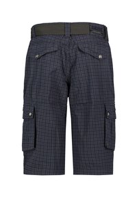 Cargo-Shorts in Dunkelblau mit kariertem Muster, ausgestattet mit zwei Seitentaschen und einem gewebten Gürtel. Der Stoff ist leicht und strapazierfähig.