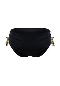 Czarne majtki bikini wykonane z teksturowanej tkaniny do pływania, z marszczonymi bokami, ozdobione kolorowymi frędzlami i akcentami z metalu po lewej i prawej stronie.