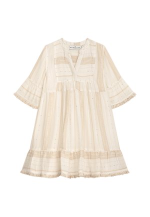 Hellbeiges Kleid mit strukturierten Streifen, einem V-Ausschnitt und kurzen, fließenden Ärmeln. Mit Fransen-Details am Saum und an den Ärmeln.