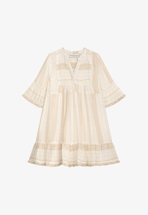 Hellbeiges Kleid mit strukturierten Streifen, einem V-Ausschnitt und kurzen, fließenden Ärmeln. Mit Fransen-Details am Saum und an den Ärmeln.