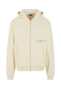 Lyscremet zip-up hoodie lavet af blødt materiale, med en frontlomme og multifarvet "MARKET" broderi på venstre side.