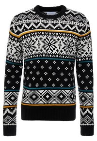 Pull en tricot noir avec des motifs géométriques blancs, bleu-vert et jaunes. Présente un col et des poignets côtelés, agrémentés de designs festifs.