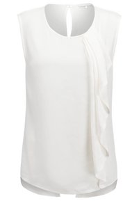 Ärmellose weiße Bluse mit gerafftem Vorderteil, rundem Ausschnitt und einem Schlüssellochverschluss hinten. Glattes, leichtes Material.