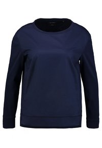 Dunkelblaues Langarmoberteil aus glattem Stoff mit rundem Halsausschnitt und geradem Schnitt, minimaler Naht entlang des Saums.