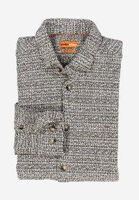 Grau-weißes strukturiertes Hemd mit Kragen, Slim-Fit-Design und Knöpfen. Verfügt über ein orangefarbenes Markenetikett und kontrastierende Nähte.