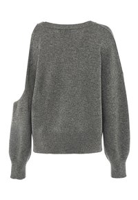 Szary sweter z dzianiny z długimi rękawami, z koronkowymi mankietami i dołem, pokazany z tyłu na białym tle.