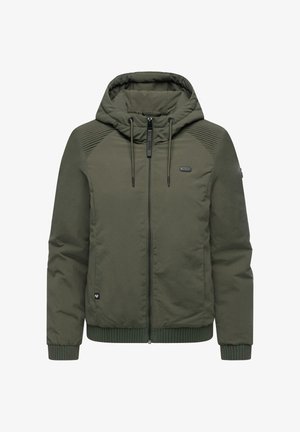 Olivengrøn hættejakke med lynlås foran, ribbede ærmeafslutninger og skuldre med horisontale quiltede detaljer. Glat tekstur og minimalt logo.