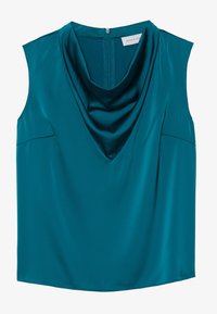 Tyrkysový top bez rukávů s drapovaným cowl krkem, vyrobený z hladkého materiálu. Zapínání na zip na zadní straně a zakřivený spodní lem. Boční švy s jemnými detaily.