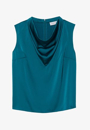 Sinine ilma varrukat tops, millel on voolav kumnelus, valmistatud siledast kangast. Selja lukk ja kaardus hem. Külgõmblustes on peened detailid.