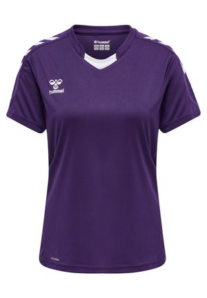 Lilla træningsshirt lavet af åndbart stof. V-halsdesign med hvide detaljer, korte ærmer og kontrasterende striber på skuldrene.