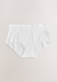 Balti aukšto liemens medvilniniai kelnaitės su lygiu paviršiumi ir logotipu ant liemens juostos. Turi pilną padengimą ir paprastą, klasikinį dizainą.