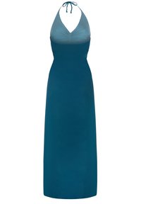 Robe à col halter en teal avec un corsage ajusté et une jupe fluide. Tissu lisse avec un détail froncé au niveau de la poitrine et des bretelles fines et ajustables.