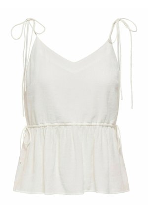Bílý tílko bez rukávů s nastavitelnými vázacími ramínky, výstřihem do V a staženým pasem vytvářejícím peplum siluetu.