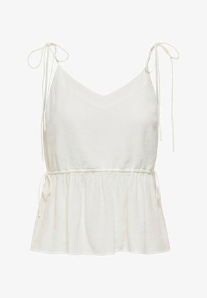 Bílý tílko bez rukávů s nastavitelnými vázacími ramínky, výstřihem do V a staženým pasem vytvářejícím peplum siluetu.