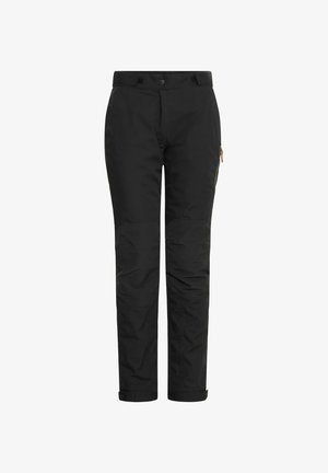 Sorte bukser laget av slitesterkt materiale, med slim fit, glidelåslomme på siden og forsterkede knepartier.