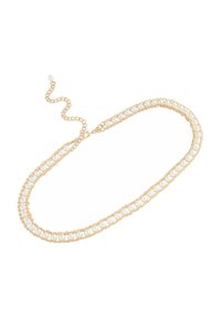 Gold chain necklace featuring a double strand with white pearls interspersed. Includes a looping chain for adjustment.
