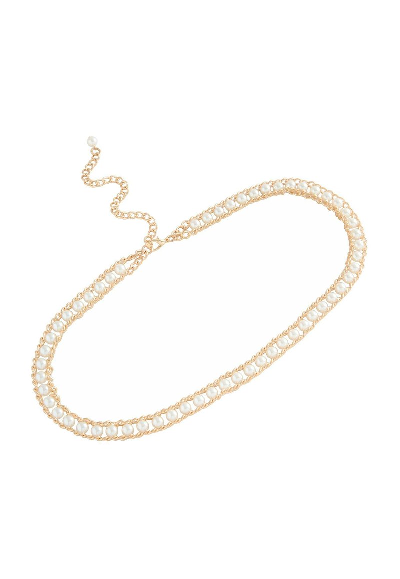 Gold chain necklace featuring a double strand with white pearls interspersed. Includes a looping chain for adjustment.